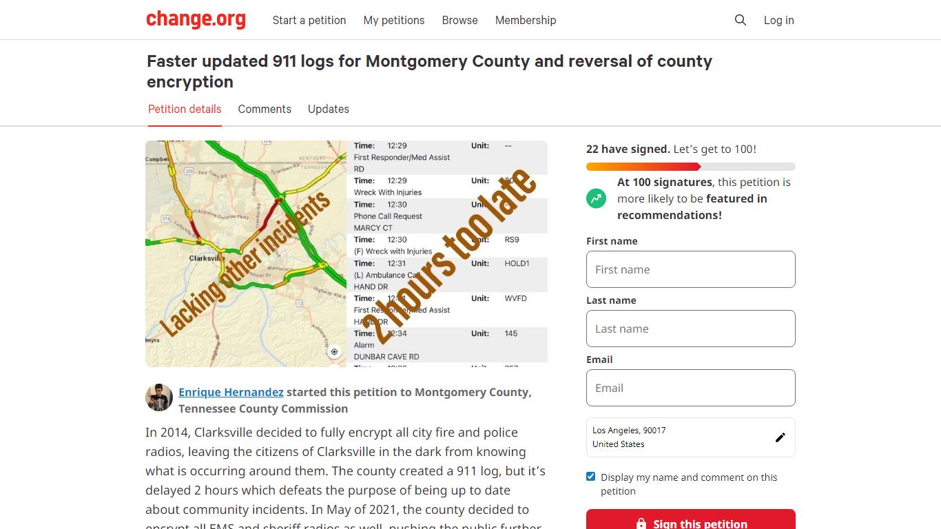 Petition · Faster updated 911 logs for Montgomery County and reversal ...