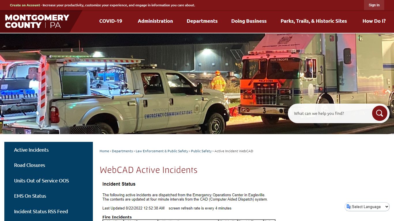 WebCAD Active Incidents | Montgomery County, PA - Official Website